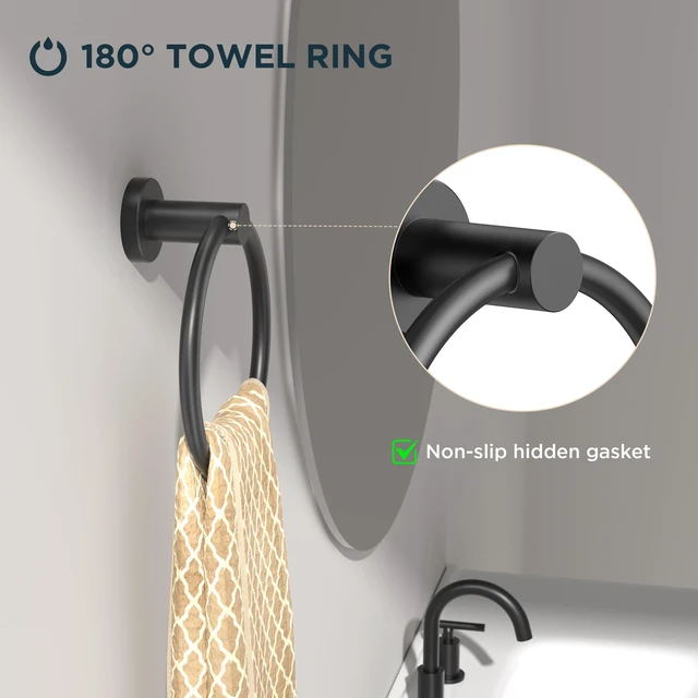 Alt view image 3 of 7 - Towel Ring, SUS304 Stainless Steel Hand Towel Holder, Matte Black | Modern Hand Towel Holder Rack Hanger Round for Bathroom Wall Mounted, Ideal for Bathroom, Kitchen, RV