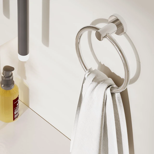 Alt view image 2 of 6 - Chrome Hand Towel Holder for Bathroom Kitchen Towel Ring Modern Rounded Base Wall Mount SUS304 Stainless Steel