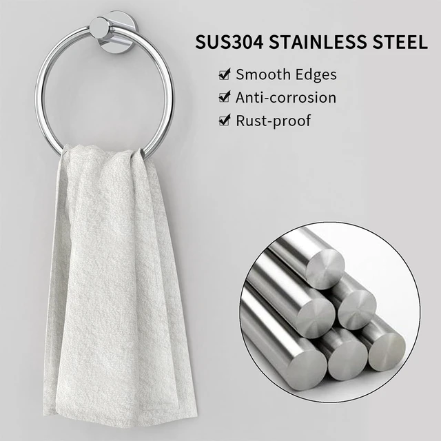 Alt view image 3 of 6 - Chrome Hand Towel Holder for Bathroom Kitchen Towel Ring Modern Rounded Base Wall Mount SUS304 Stainless Steel