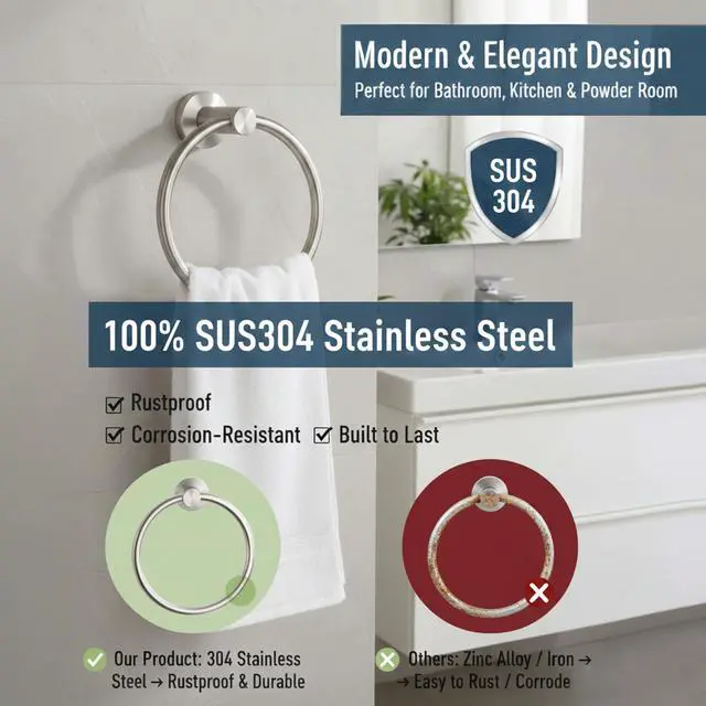 Alt view image 5 of 6 - Towel Ring Brushed Nickel, Bath Hand Towel Ring Stainless Steel Round Towel Holder for Bathroom