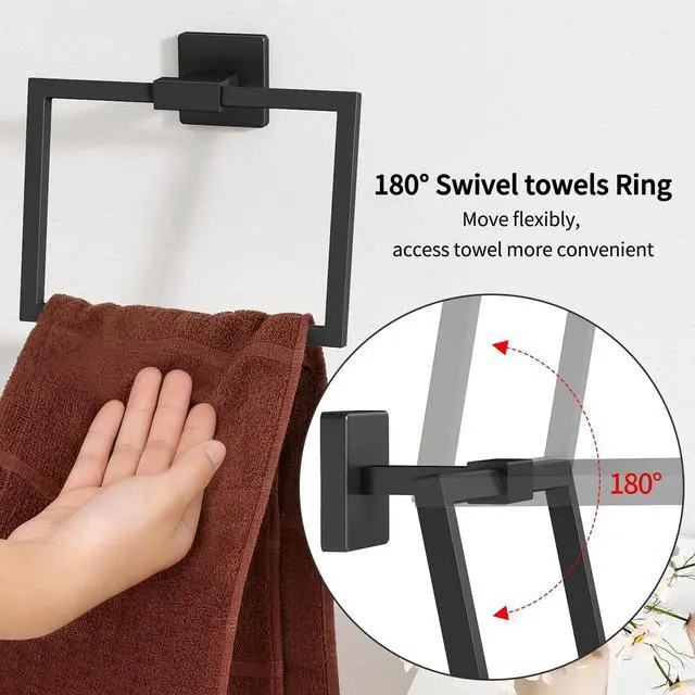 Alt view image 2 of 6 - Hand Towel Holder for Bathroom Wall, Square 180° Swivel Towel Ring | Towel Rings for Bathroom Wall, Black Hand Towel Holder for Bath, Kitchen, Stainless Steel Heavy Duty