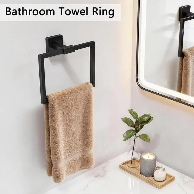 Alt view image 5 of 6 - Hand Towel Holder for Bathroom Wall, Square 180° Swivel Towel Ring | Towel Rings for Bathroom Wall, Black Hand Towel Holder for Bath, Kitchen, Stainless Steel Heavy Duty