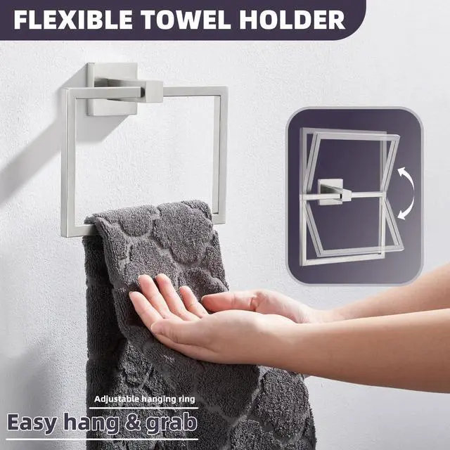 Alt view image 3 of 7 - Square Towel Ring for Bathroom, Brushed Nickel, 304 Stainless Steel | 180° Swivel Towel Holder, Easy Towel Access, Spacious 6.3" Inner Ring, Easy Drilling Wall Mounted for Sink Vanity Kitchen
