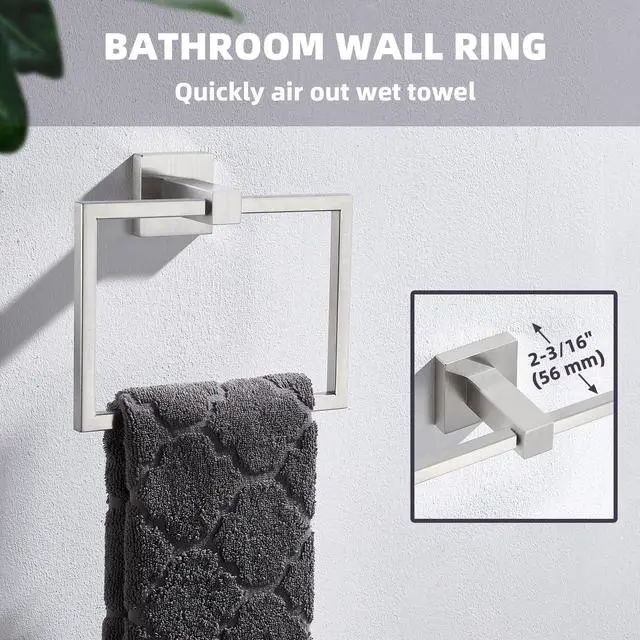 Alt view image 4 of 7 - Square Towel Ring for Bathroom, Brushed Nickel, 304 Stainless Steel | 180° Swivel Towel Holder, Easy Towel Access, Spacious 6.3" Inner Ring, Easy Drilling Wall Mounted for Sink Vanity Kitchen