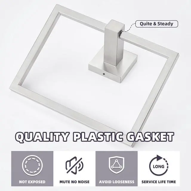 Alt view image 7 of 7 - Square Towel Ring for Bathroom, Brushed Nickel, 304 Stainless Steel | 180° Swivel Towel Holder, Easy Towel Access, Spacious 6.3" Inner Ring, Easy Drilling Wall Mounted for Sink Vanity Kitchen