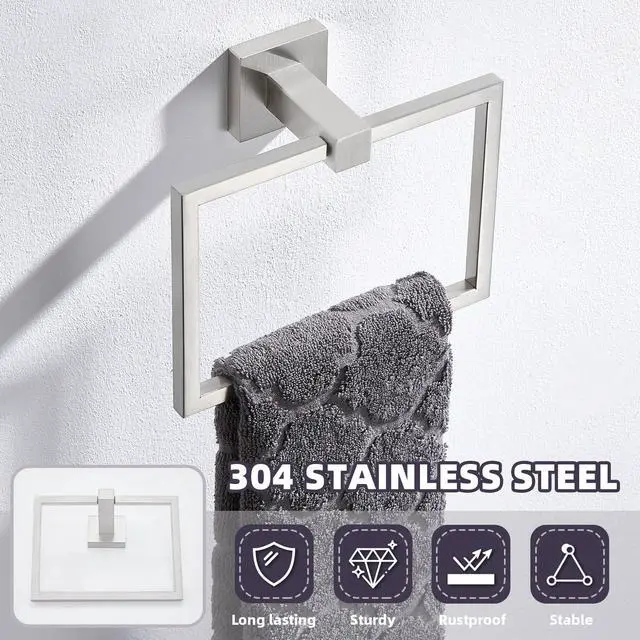 Alt view image 5 of 7 - Square Towel Ring for Bathroom, Brushed Nickel, 304 Stainless Steel | 180° Swivel Towel Holder, Easy Towel Access, Spacious 6.3" Inner Ring, Easy Drilling Wall Mounted for Sink Vanity Kitchen