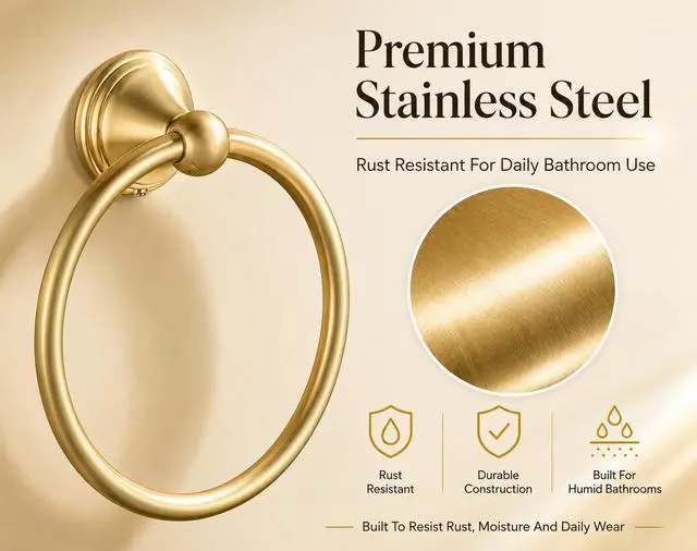 Alt view image 3 of 7 - Towel Ring for Bathroom, Light Gold Finish Hand Towel Holder, Stainless Steel Bathroom Accessories Wall Mount Towel Rack