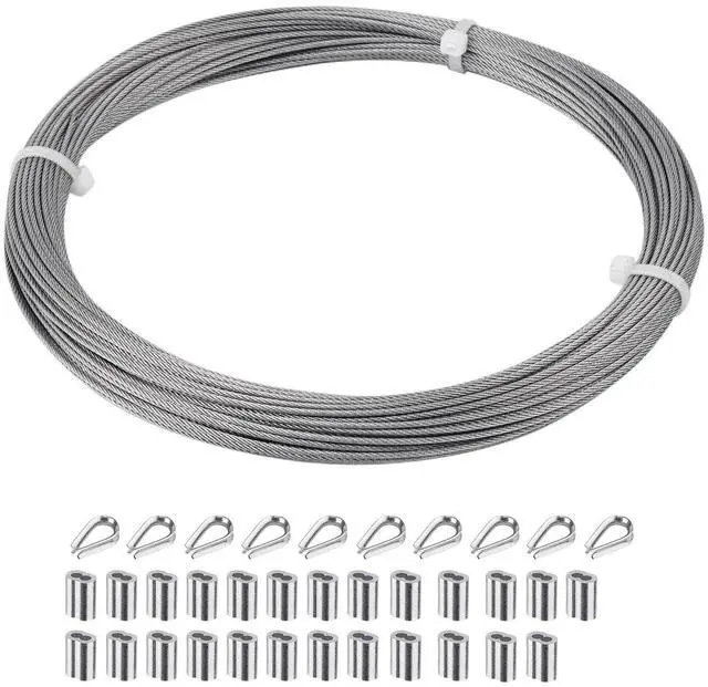 Main image of 1/16 inch Stainless Steel Wire Cable,100FT,Aircraft Cable Wire Rope Marine Grade, Length 7x7 Strand Core with Aluminum Sleeves and Thimbles