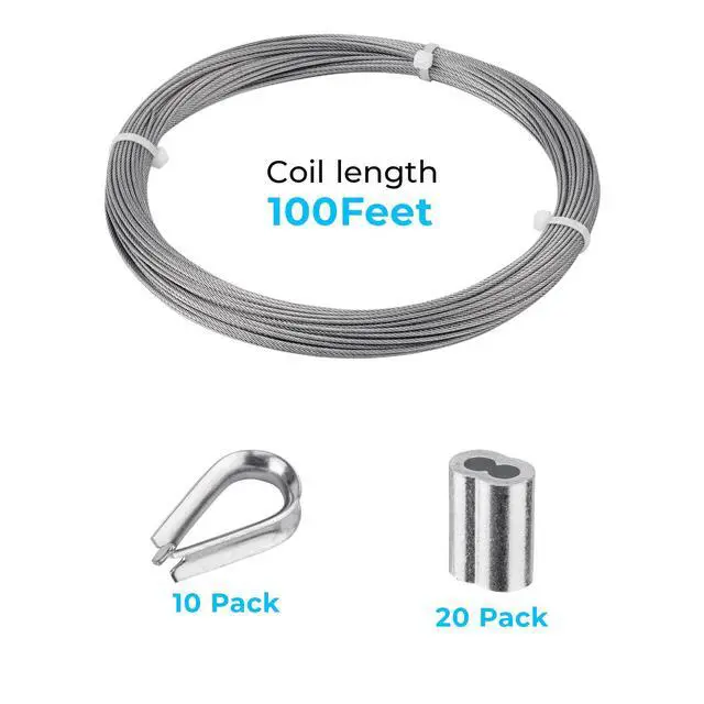 Alt view image 2 of 7 - 1/16 inch Stainless Steel Wire Cable,100FT,Aircraft Cable Wire Rope Marine Grade, Length 7x7 Strand Core with Aluminum Sleeves and Thimbles