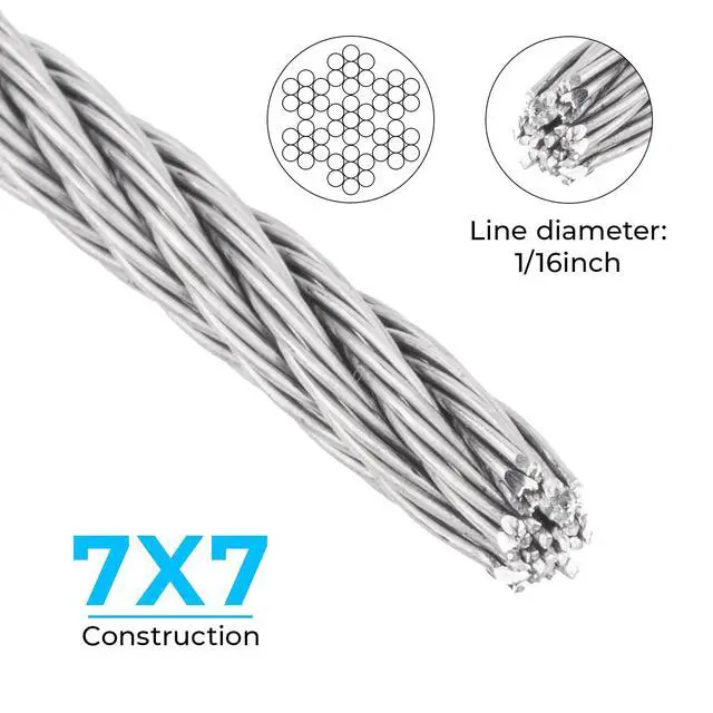Alt view image 4 of 7 - 1/16 inch Stainless Steel Wire Cable,100FT,Aircraft Cable Wire Rope Marine Grade, Length 7x7 Strand Core with Aluminum Sleeves and Thimbles