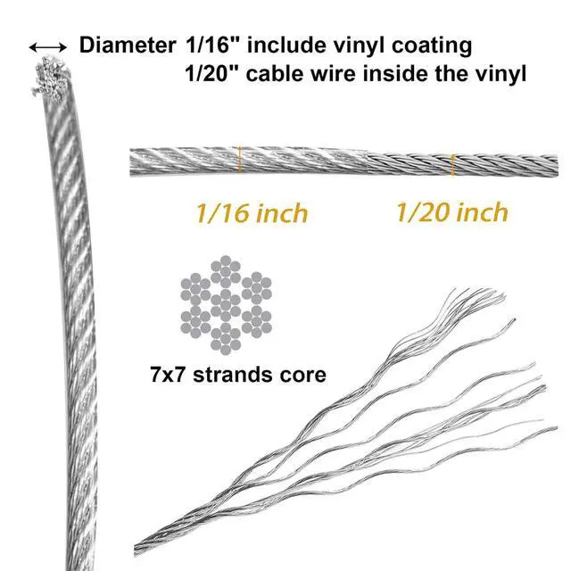 Alt view image 2 of 7 - 1/16 Inch x 500 Feet Wire Rope Cable, Stainless Steel Braided Wire Stranded Rope Vinyl Coated Aircraft Cable for Outdoor Clothesline, Trellis, String Lights, 7x7 Strands Core