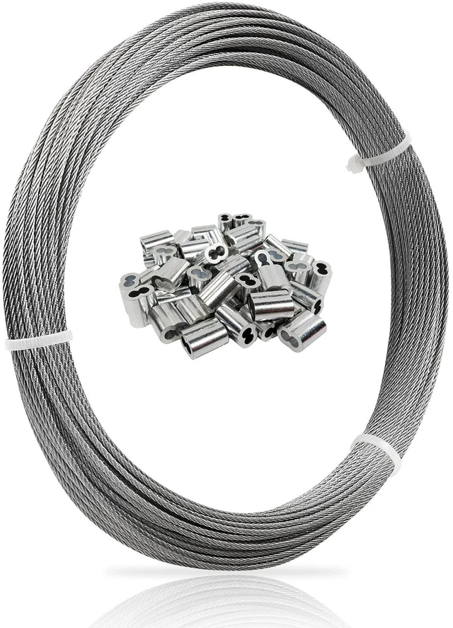 Main image of 1/16 Wire Rope, 100FT 304 Stainless Steel Cable with 50Pcs Crimp Sleeves, Aircraft Grade, 7x7 Strand, 368lbs Breaking Strength, for Garden Trellis, Clothesline, Railing,Trellis
