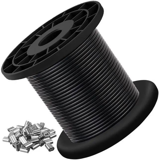 Main image of 304 Stainless Steel Wire Rope for String Lights, Black Coated, 3/32"x100 FT | Guide Wire for Outdoor String Lights, 1/16" Cable Coated to 3/32", Ideal for Patio Lights, Clotheslines and DIY Projects
