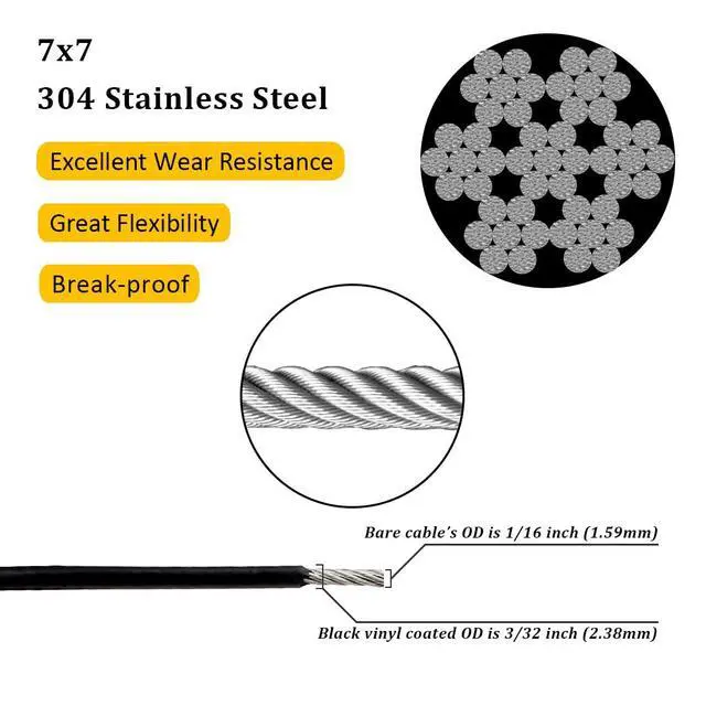Alt view image 2 of 7 - 304 Stainless Steel Wire Rope for String Lights, Black Coated, 3/32"x100 FT | Guide Wire for Outdoor String Lights, 1/16" Cable Coated to 3/32", Ideal for Patio Lights, Clotheslines and DIY Projects