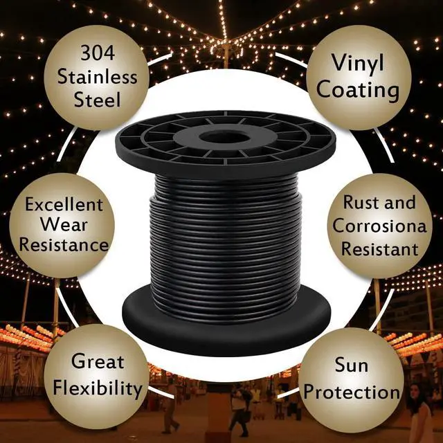 Alt view image 5 of 7 - 304 Stainless Steel Wire Rope for String Lights, Black Coated, 3/32"x100 FT | Guide Wire for Outdoor String Lights, 1/16" Cable Coated to 3/32", Ideal for Patio Lights, Clotheslines and DIY Projects
