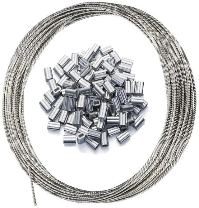 Main image of 1/16" Stainless Steel Wire Rope, 100FT Stainless Steel Cable | Steel Wire with 50 Crimping Sleeves, 7x7 368lbs Breaking Strength for Clothes Line Wires,Trellis Wire,Picture Hanging Wire