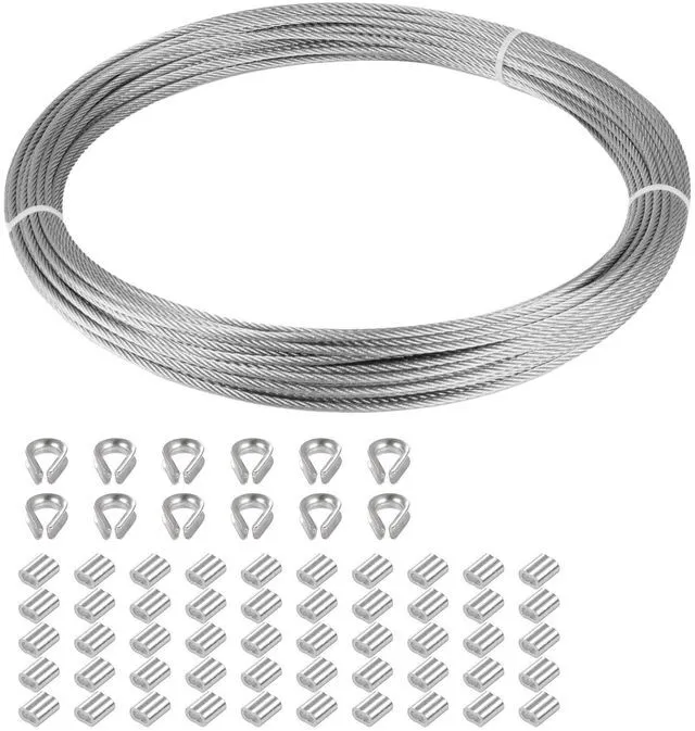 Main image of 1/16" Stainless Steel 304 Cable Wire Rope 100FT and Aluminum Sleeve Thimble | 7x7 Strand Core Aircraft Grade Cable Wire Rope Marine with 50 Pieces Aluminum Sleeves and 12 Pieces Thimbles