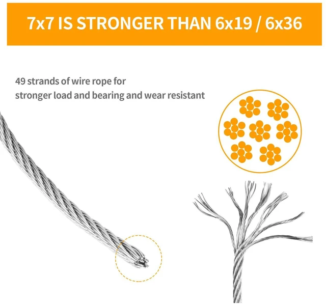 Alt view image 4 of 7 - 1/16" Stainless Steel 304 Cable Wire Rope 100FT and Aluminum Sleeve Thimble | 7x7 Strand Core Aircraft Grade Cable Wire Rope Marine with 50 Pieces Aluminum Sleeves and 12 Pieces Thimbles