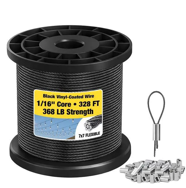 Main image of 1/16 Wire Rope, 328FT Black Vinyl-Coated Stainless Steel Cable, 150 Sleeves | Flexible 7x7 Build, 368 lb Break Rating, For String Lights, Garden Trellis Use, Picture Hanging Use, Outdoor DIY Use