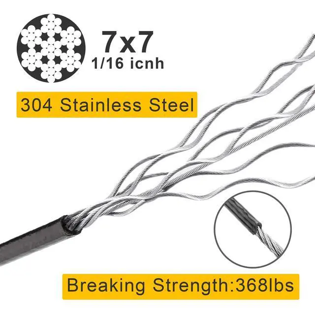 Alt view image 2 of 7 - 1/16 Wire Rope, 328FT Black Vinyl-Coated Stainless Steel Cable, 150 Sleeves | Flexible 7x7 Build, 368 lb Break Rating, For String Lights, Garden Trellis Use, Picture Hanging Use, Outdoor DIY Use