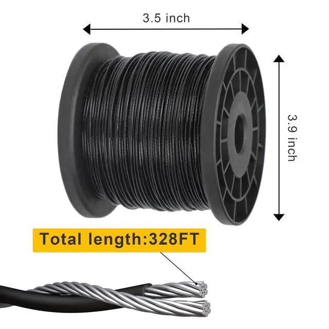 Alt view image 3 of 7 - 1/16 Wire Rope, 328FT Black Vinyl-Coated Stainless Steel Cable, 150 Sleeves | Flexible 7x7 Build, 368 lb Break Rating, For String Lights, Garden Trellis Use, Picture Hanging Use, Outdoor DIY Use