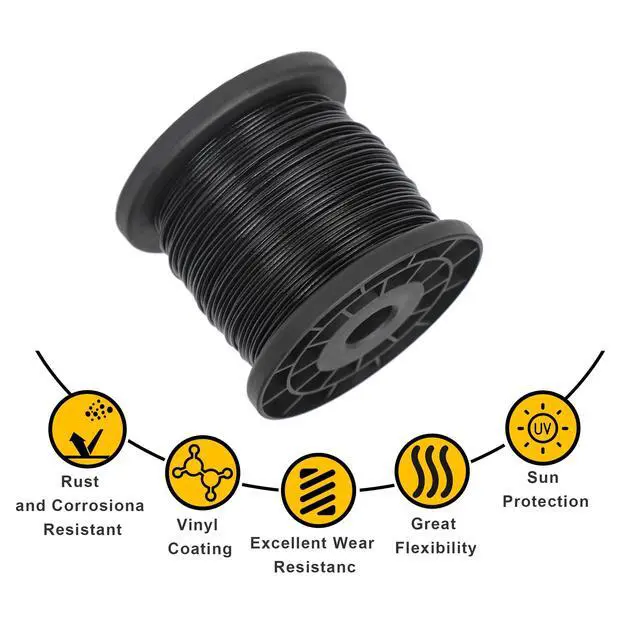 Alt view image 6 of 7 - 1/16 Wire Rope, 328FT Black Vinyl-Coated Stainless Steel Cable, 150 Sleeves | Flexible 7x7 Build, 368 lb Break Rating, For String Lights, Garden Trellis Use, Picture Hanging Use, Outdoor DIY Use