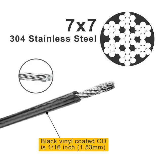 Alt view image 5 of 7 - 1/16 Wire Rope, 328FT Black Vinyl-Coated Stainless Steel Cable, 150 Sleeves | Flexible 7x7 Build, 368 lb Break Rating, For String Lights, Garden Trellis Use, Picture Hanging Use, Outdoor DIY Use