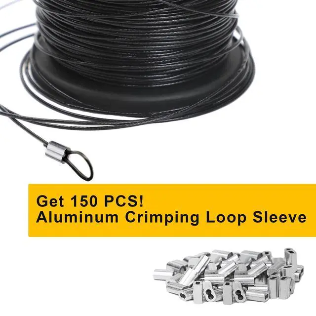 Alt view image 4 of 7 - 1/16 Wire Rope, 328FT Black Vinyl-Coated Stainless Steel Cable, 150 Sleeves | Flexible 7x7 Build, 368 lb Break Rating, For String Lights, Garden Trellis Use, Picture Hanging Use, Outdoor DIY Use