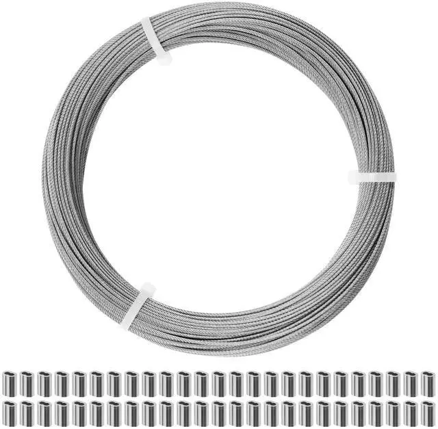 Main image of Stainless Steel Wire Rope - 100FT 1/16" Aircraft Cable for Hanging | 304 Stainless Steel Cable with 50Pcs Crimping Sleeves for Outdoor String Lights Garden Trellis Clothesline DIY Projects