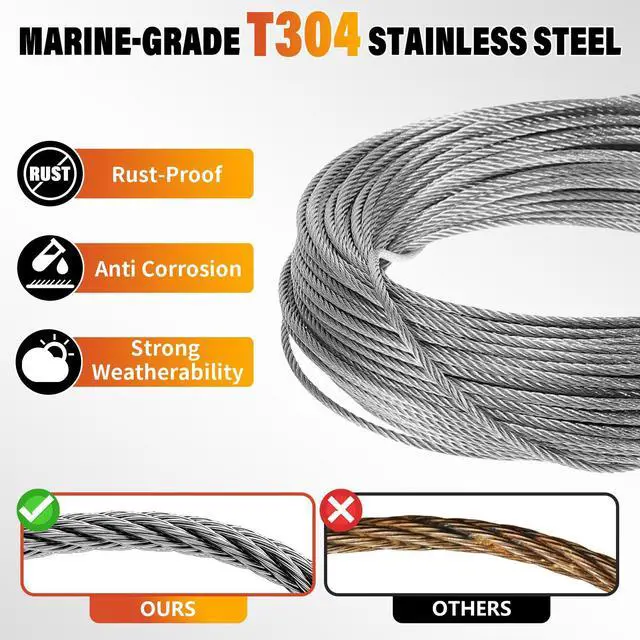 Alt view image 2 of 6 - Stainless Steel Wire Rope - 100FT 1/16" Aircraft Cable for Hanging | 304 Stainless Steel Cable with 50Pcs Crimping Sleeves for Outdoor String Lights Garden Trellis Clothesline DIY Projects