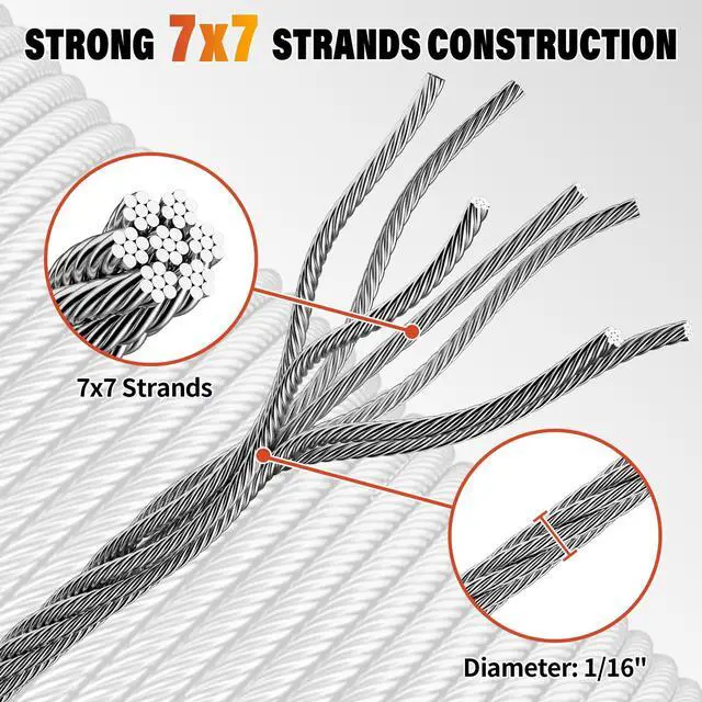 Alt view image 3 of 6 - Stainless Steel Wire Rope - 100FT 1/16" Aircraft Cable for Hanging | 304 Stainless Steel Cable with 50Pcs Crimping Sleeves for Outdoor String Lights Garden Trellis Clothesline DIY Projects