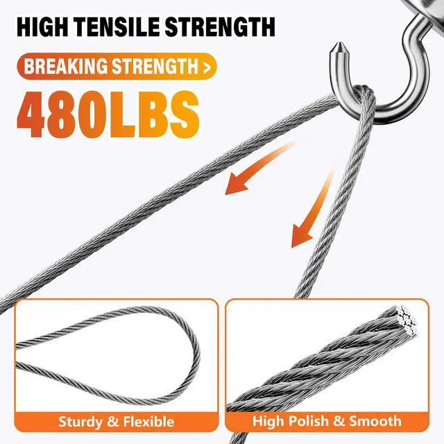 Alt view image 4 of 6 - Stainless Steel Wire Rope - 100FT 1/16" Aircraft Cable for Hanging | 304 Stainless Steel Cable with 50Pcs Crimping Sleeves for Outdoor String Lights Garden Trellis Clothesline DIY Projects