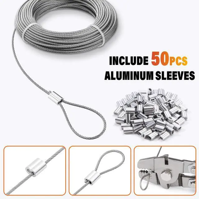 Alt view image 5 of 6 - Stainless Steel Wire Rope - 100FT 1/16" Aircraft Cable for Hanging | 304 Stainless Steel Cable with 50Pcs Crimping Sleeves for Outdoor String Lights Garden Trellis Clothesline DIY Projects