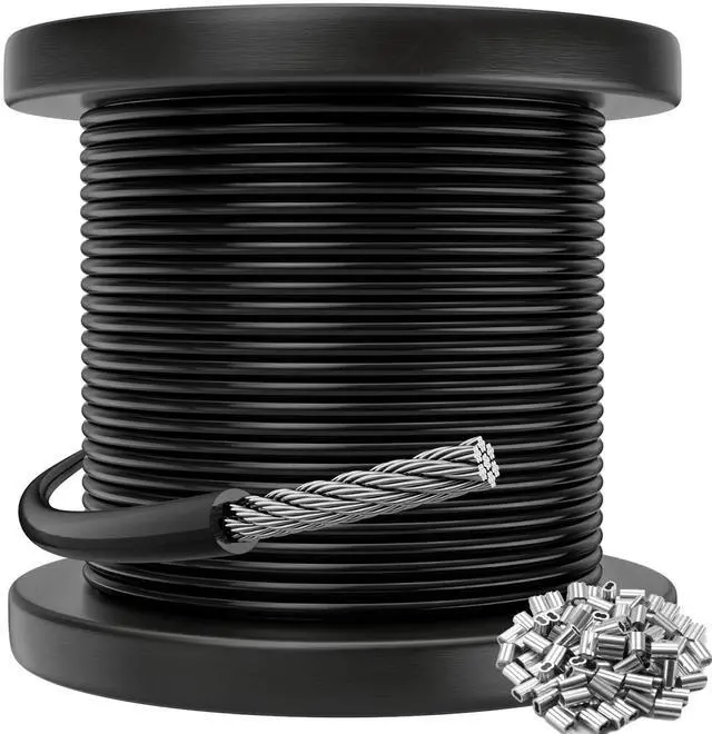 Main image of Black Vinyl Coated Cable - 100ft 304 Stainless Steel Wire Rope 3/32" | 1/16 Inch Overmolded to 3/32 Inch for Outdoor Hanging DIY Projects String Lights Trellis Clothesline