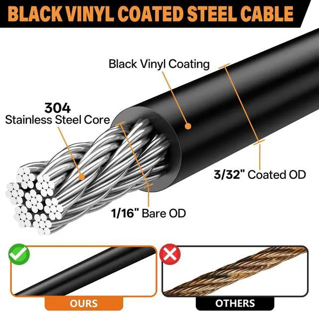 Alt view image 2 of 7 - Black Vinyl Coated Cable - 100ft 304 Stainless Steel Wire Rope 3/32" | 1/16 Inch Overmolded to 3/32 Inch for Outdoor Hanging DIY Projects String Lights Trellis Clothesline
