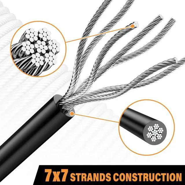 Alt view image 4 of 7 - Black Vinyl Coated Cable - 100ft 304 Stainless Steel Wire Rope 3/32" | 1/16 Inch Overmolded to 3/32 Inch for Outdoor Hanging DIY Projects String Lights Trellis Clothesline