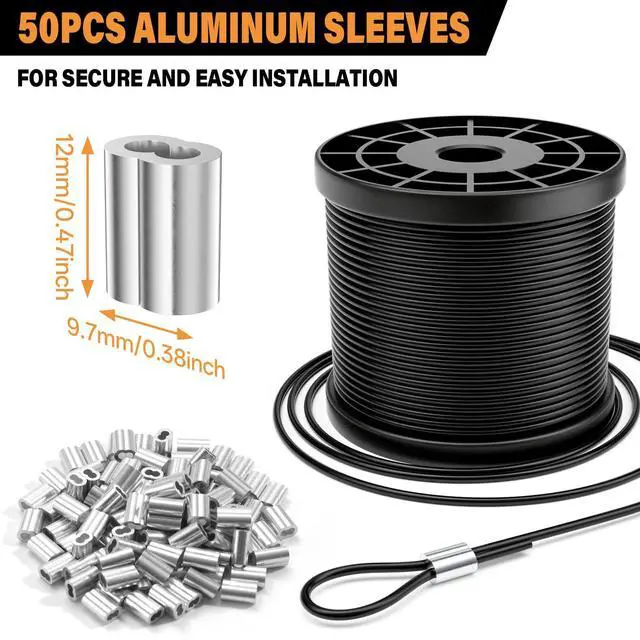 Alt view image 6 of 7 - Black Vinyl Coated Cable - 100ft 304 Stainless Steel Wire Rope 3/32" | 1/16 Inch Overmolded to 3/32 Inch for Outdoor Hanging DIY Projects String Lights Trellis Clothesline