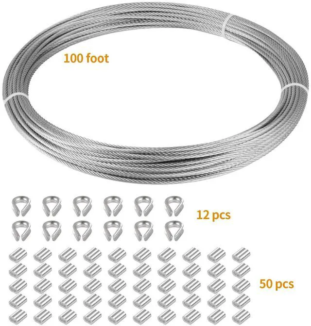 Alt view image 5 of 7 - 1/16" Stainless Steel 304 Cable Wire Rope 100FT and Aluminum Sleeve Thimble | 7x7 Strand Core Aircraft Grade Cable Wire Rope Marine with 50 Pieces Aluminum Sleeves and 12 Pieces Thimbles