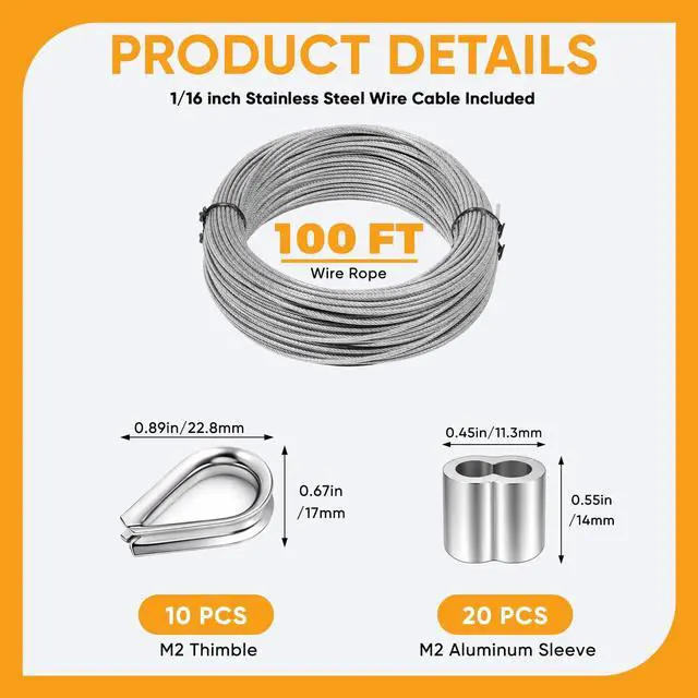 Alt view image 2 of 7 - 1/16 inch Wire Cable,100FT Stainless Steel Cable with Sleeves and Thimbles | 7x7 Strand Wire Rope For Garden Trellis, Clothesline, Railing,Trellis