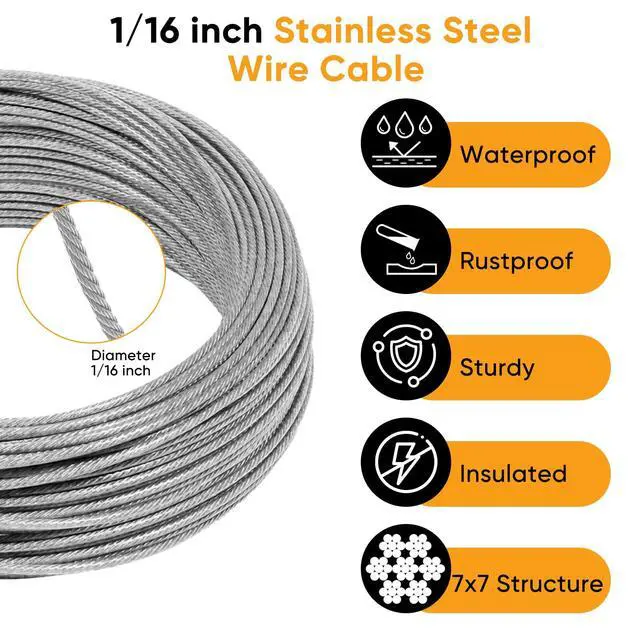 Alt view image 5 of 7 - 1/16 inch Wire Cable,100FT Stainless Steel Cable with Sleeves and Thimbles | 7x7 Strand Wire Rope For Garden Trellis, Clothesline, Railing,Trellis
