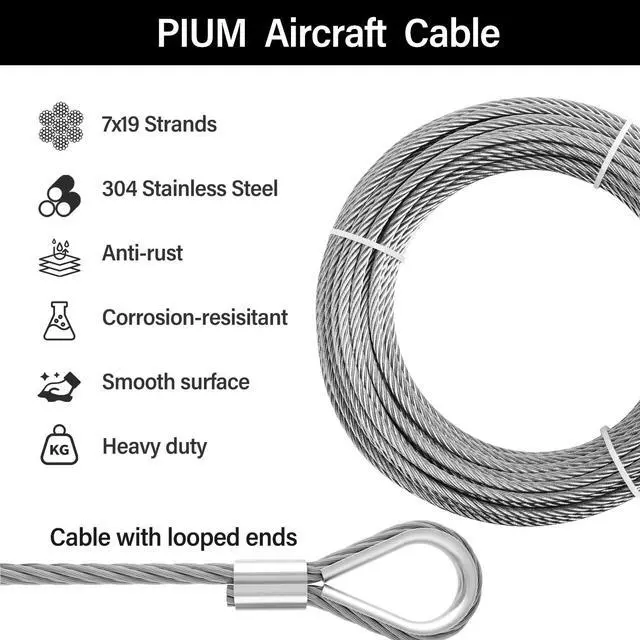 Alt view image 2 of 7 - 10ft 3/16" Stainless Steel Wire Rope with 7x19 Strands, 4000lbs Breaking Strength, Loops for Zipline, Boat Lift, Decking Rails