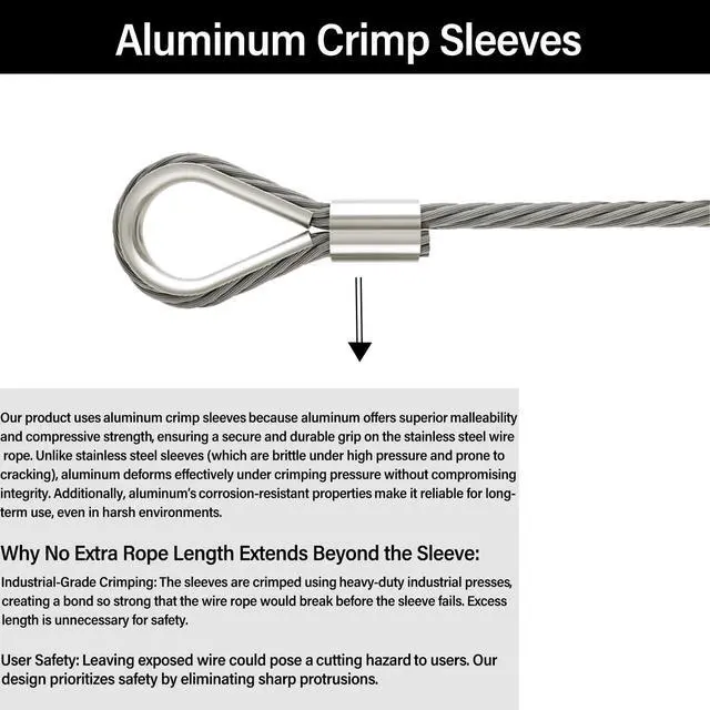 Alt view image 3 of 7 - 10ft 3/16" Stainless Steel Wire Rope with 7x19 Strands, 4000lbs Breaking Strength, Loops for Zipline, Boat Lift, Decking Rails