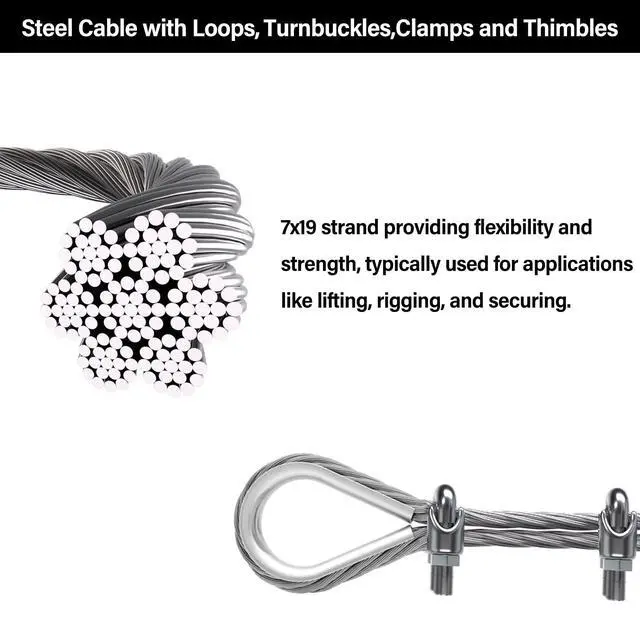 Alt view image 4 of 7 - 10ft 3/16" Stainless Steel Wire Rope with 7x19 Strands, 4000lbs Breaking Strength, Loops for Zipline, Boat Lift, Decking Rails