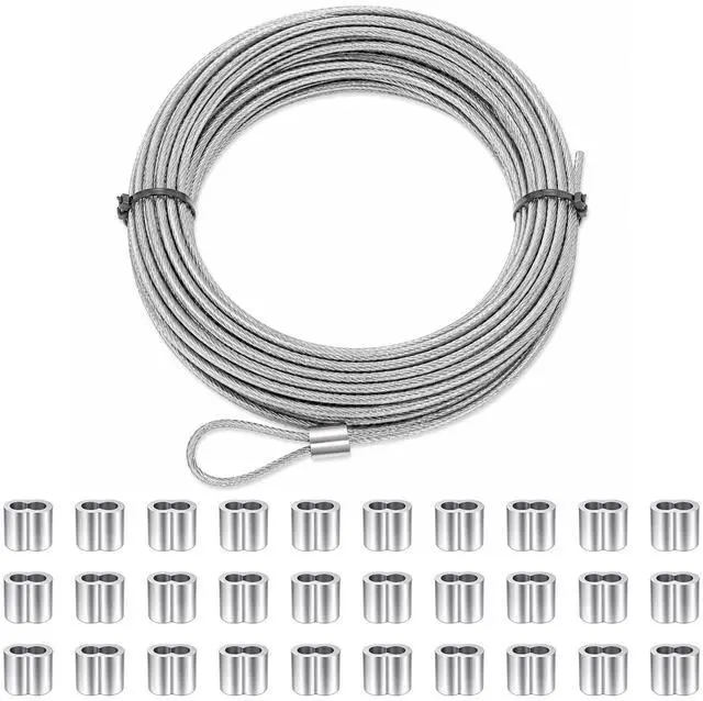 Main image of 3/32 inch Wire Cable,100ft Marine Grade Cable for Clothesline and Railing | 7x7 Strand Stainless Steel Rope Cable With Aluminum Sleeves and Thimbles for Garden Trellis, Plants, lights And DIY fencing