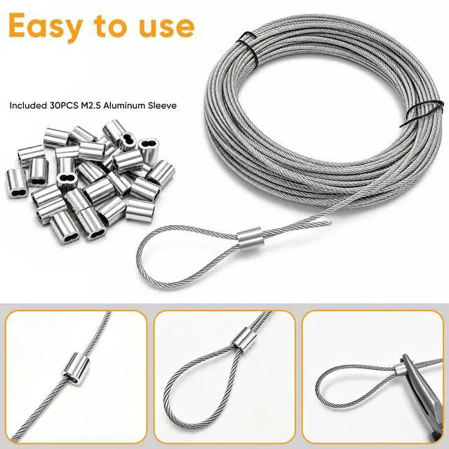 Alt view image 3 of 7 - 3/32 inch Wire Cable,100ft Marine Grade Cable for Clothesline and Railing | 7x7 Strand Stainless Steel Rope Cable With Aluminum Sleeves and Thimbles for Garden Trellis, Plants, lights And DIY fencing