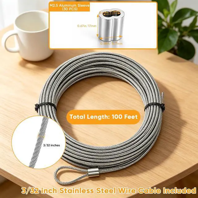 Alt view image 2 of 7 - 3/32 inch Wire Cable,100ft Marine Grade Cable for Clothesline and Railing | 7x7 Strand Stainless Steel Rope Cable With Aluminum Sleeves and Thimbles for Garden Trellis, Plants, lights And DIY fencing