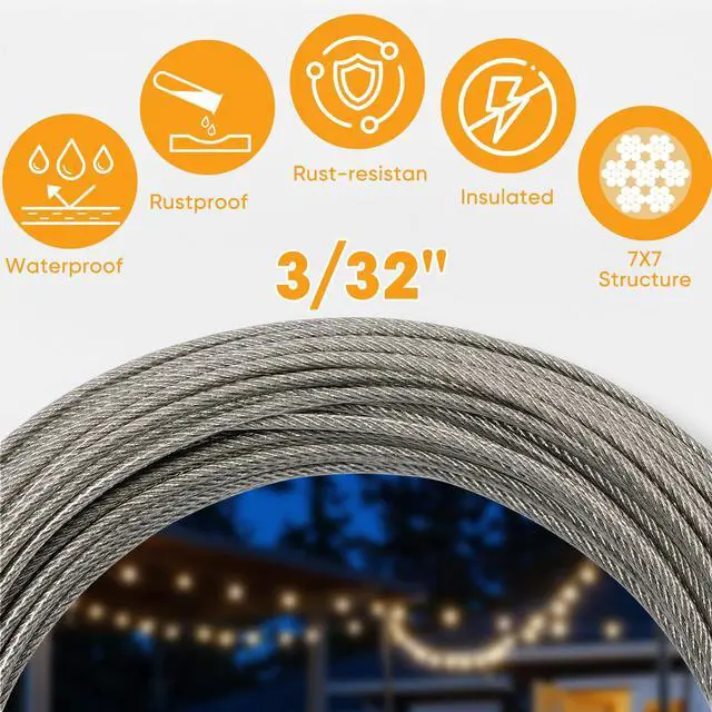 Alt view image 4 of 7 - 3/32 inch Wire Cable,100ft Marine Grade Cable for Clothesline and Railing | 7x7 Strand Stainless Steel Rope Cable With Aluminum Sleeves and Thimbles for Garden Trellis, Plants, lights And DIY fencing