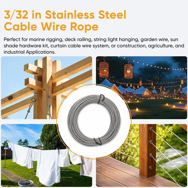 Alt view image 7 of 7 - 3/32 inch Wire Cable,100ft Marine Grade Cable for Clothesline and Railing | 7x7 Strand Stainless Steel Rope Cable With Aluminum Sleeves and Thimbles for Garden Trellis, Plants, lights And DIY fencing