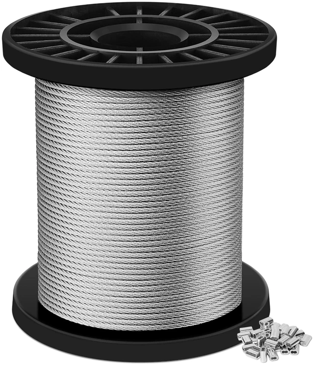 Main image of 1/16'' Wire Rope, 100FT 304 Stainless Steel Cable for Hanging | Includes 50pcs Aluminum Crimping Loop Sleeves, for Picture Hanging Clothesline Garden Trellis and DIY Projects