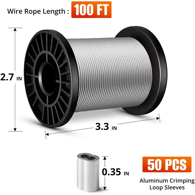 Alt view image 2 of 6 - 1/16'' Wire Rope, 100FT 304 Stainless Steel Cable for Hanging | Includes 50pcs Aluminum Crimping Loop Sleeves, for Picture Hanging Clothesline Garden Trellis and DIY Projects